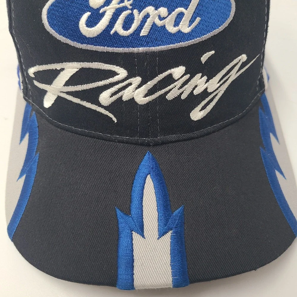 Vintage Ford Racing Hat Snapback (Fits Small) Black Blue White Flames *TEAR*‎
